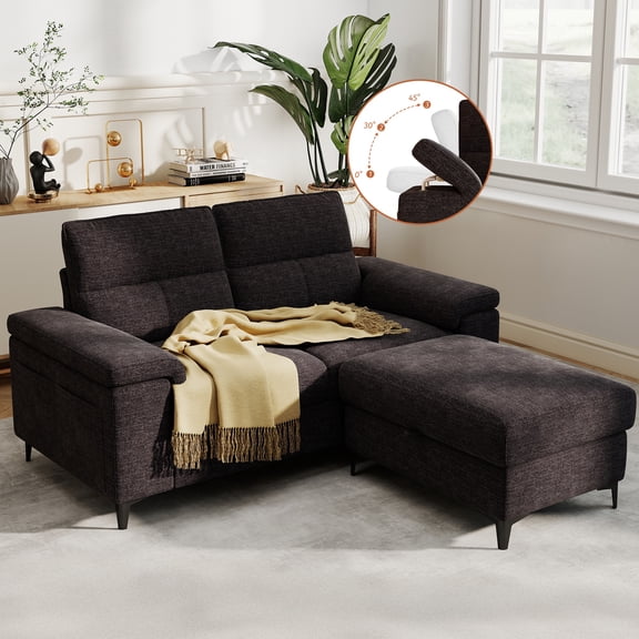 71" Loveseat Sofa with Storage Ottoman Adjustable Armrest L-Shaped Sectional Couch for Living Room Gray