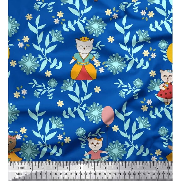 Soimoi Silk Fabric Leaves,Floral & Princess Cat Cartoon Print Sewing Fabric Yard 42 Inch Wide