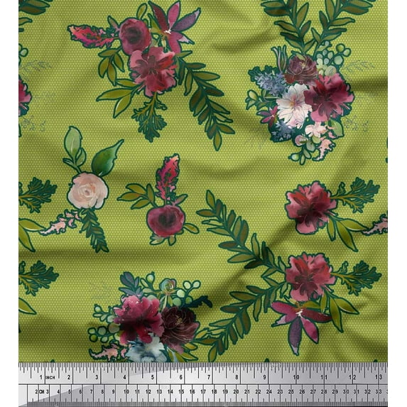Soimoi Modal Satin Fabric Leaves & Ranunculus Floral Fabric Prints By Yard 42 Inch Wide