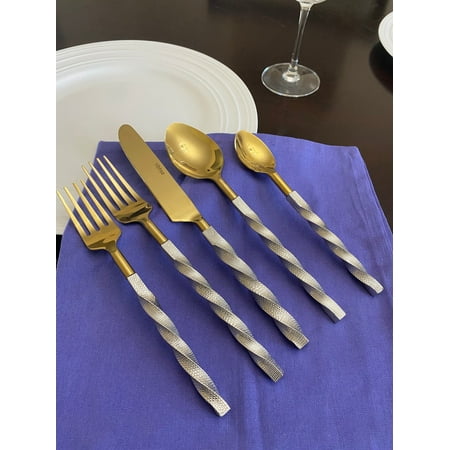 

20 pc Twisted Handle Silver and Gold Stainless Steel Flatware Set Service for 4