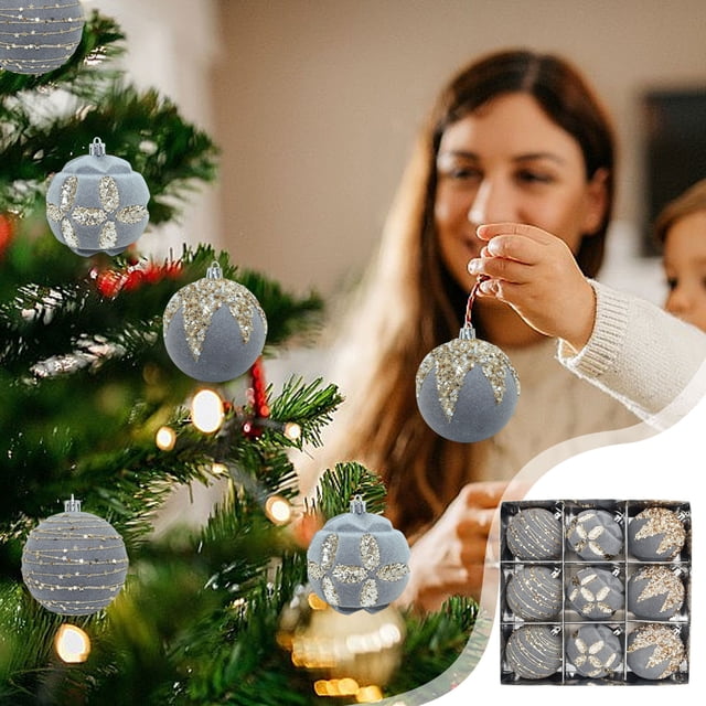 Set de bola de adornos para árbol de Navidad | Adornos colgantes de terciopelo flokado incrustados con diamantes | 9-Pack | Azul, rojo, verde, gris | 8 cm Cada uno | Escaparate | Decoración navideña