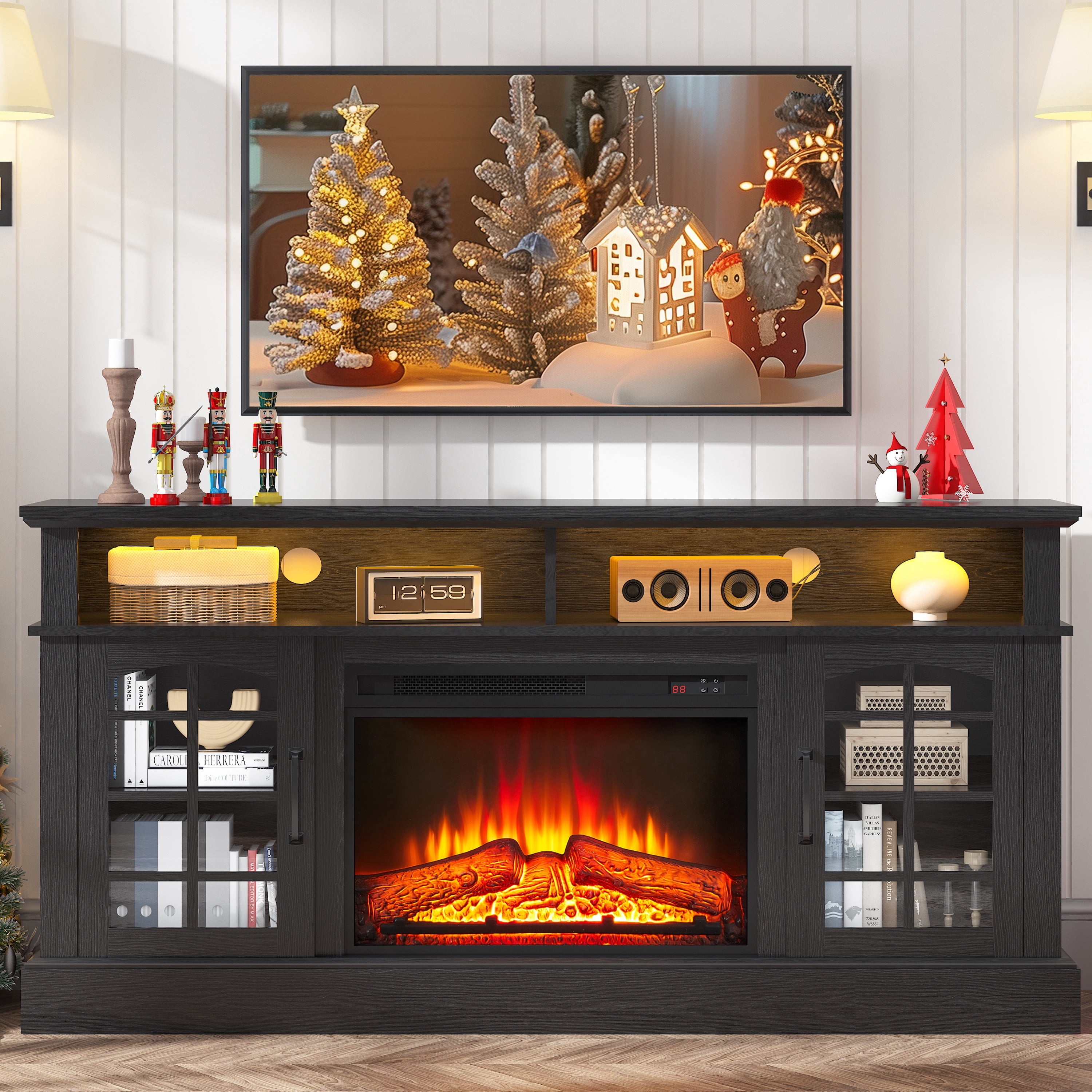 Paproos Fireplace TV Stand for 65 inch TV with LED Lights, 32.0in Tall TV Stand with 23'' Electric Fireplace, Entertainment Center for Living Room, 400 Sqt Heating Area,Black Tabletop&Black Cabinets
