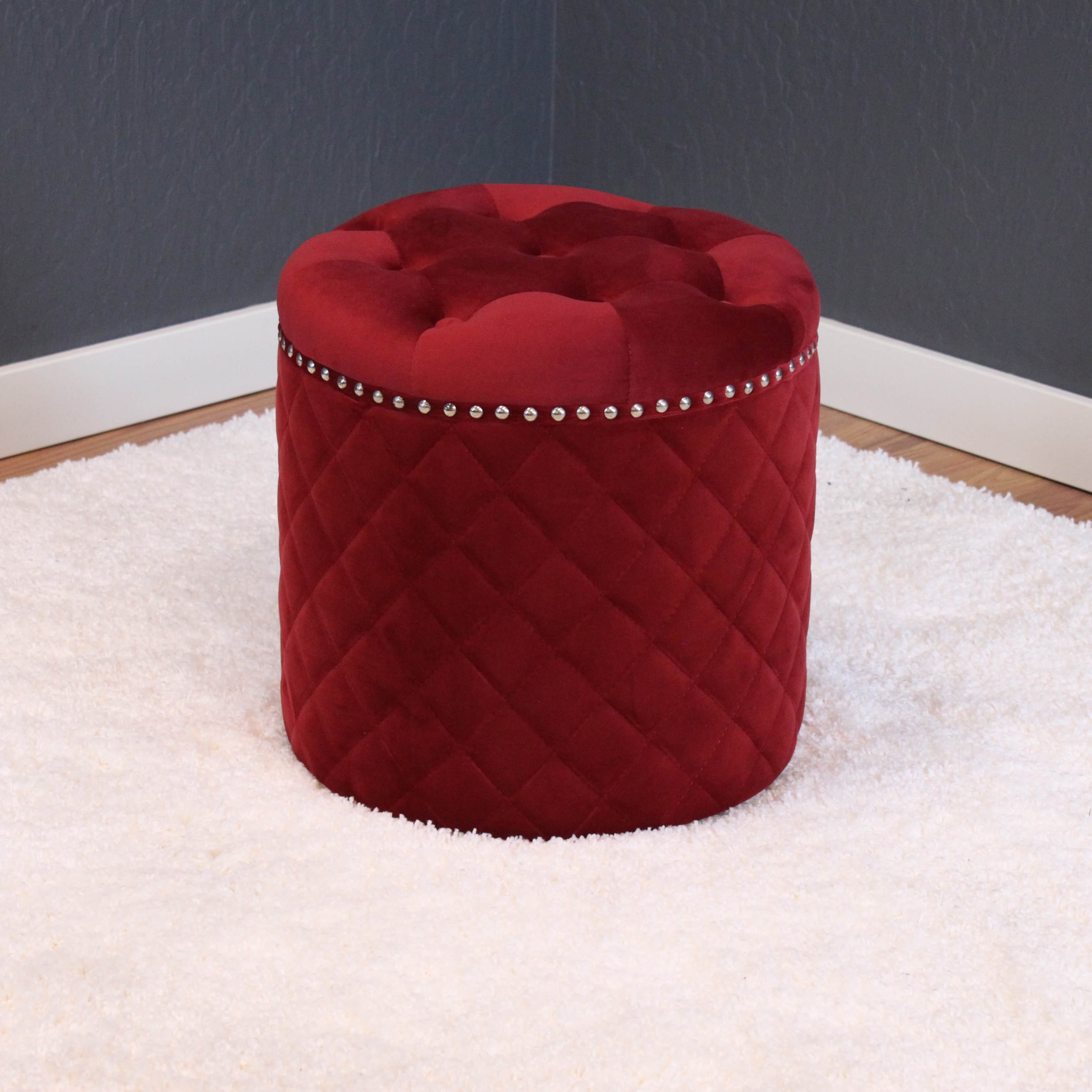 Lemele Round Velvet Ottoman Deep Red