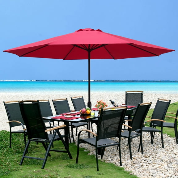 Abble 11FT Outdoor Patio Umbrella with Crank Handle, Market Umbrella with 8 Sturdy Umbrella Ribs, Waterproof for Garden Deck Backyard Pool, Red