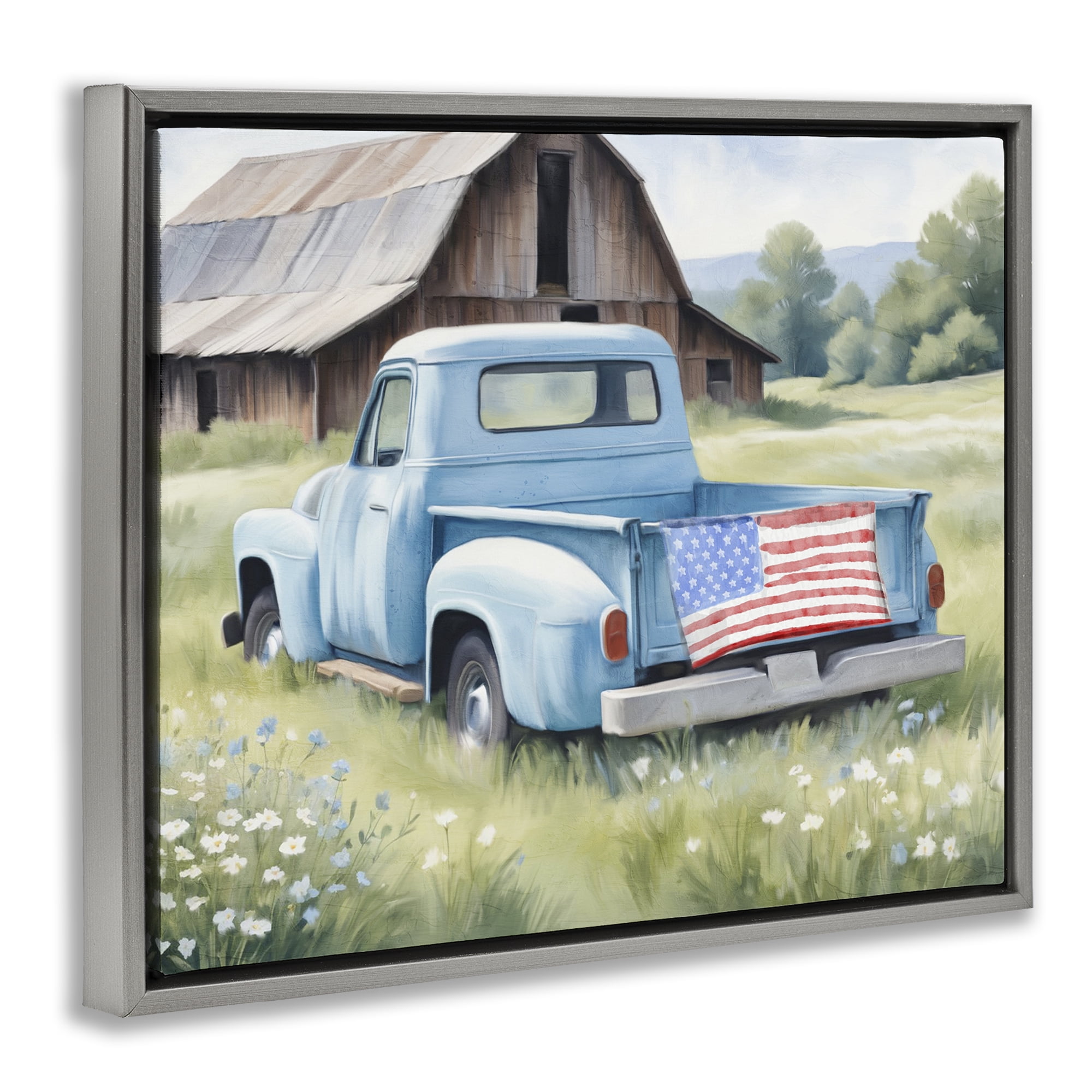 Stupell Industries American Pride Truck on Farm Gray Framed Floater Canvas Wall Art, design by Kim Allen