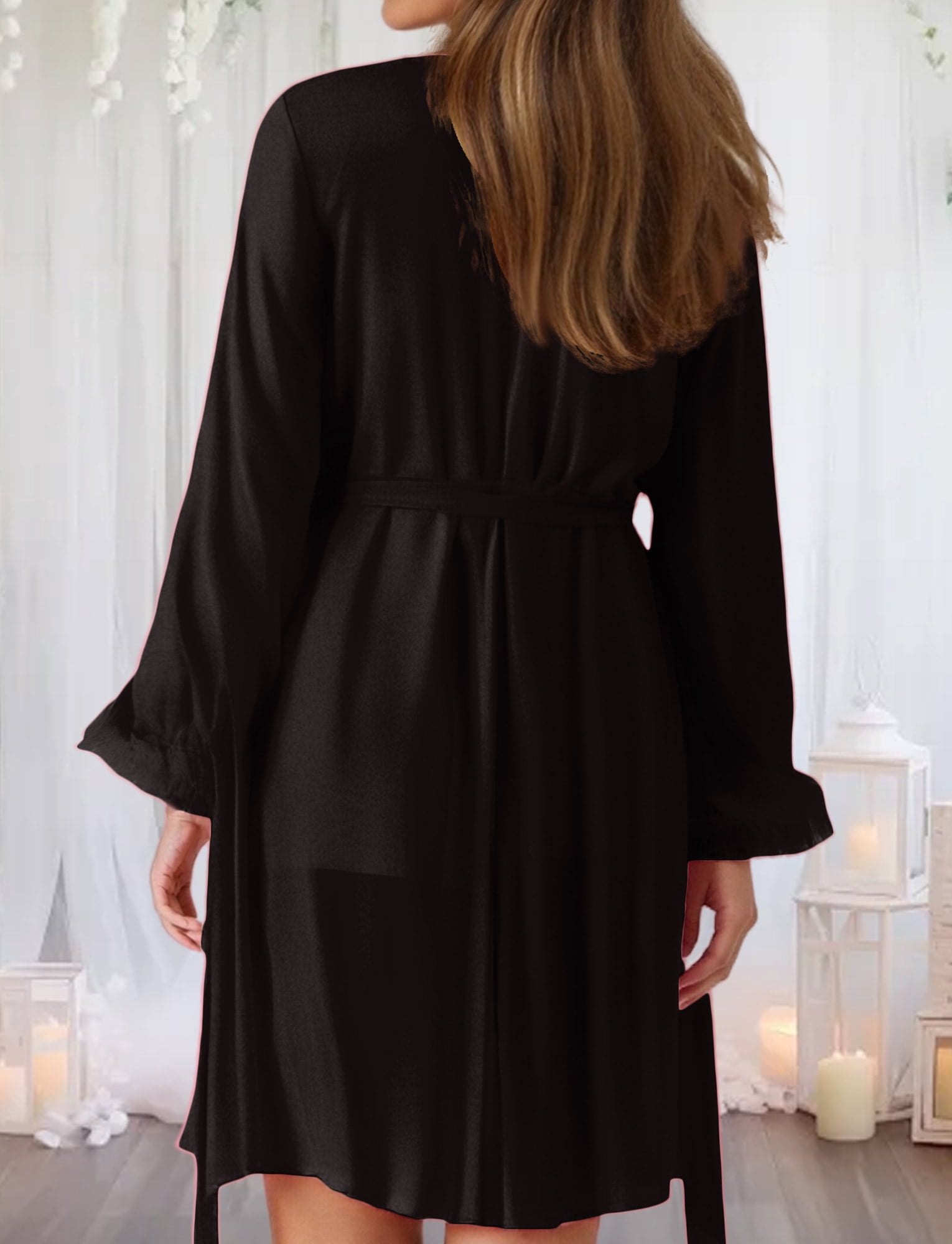 Aivtalk Lingerie Sets for Women Sexy 2 Piece Lace Mesh Kimono Robe Cami Nightgown Long Sleeve Robe Sheer Ruffled Babydoll Strap Chemise Sleepwear Pajamas Sets Black S