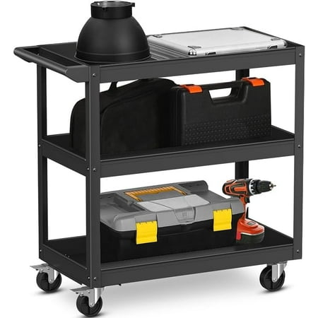 3-Tier Utility Service Cart, 400 Lbs Heavy Duty Metal Trolley Rolling Cart w/Ergonomic Flat Handle, Lockable 360°Swivel Wheels, Chic Mechanic Tool Cart for Garage Warehouse & Repair Shop