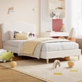 thumbnail image 1 of Tamaño completo beige forrado platform marco de cama para para niños - scallop cabecero, cute velvet cama para girls y boys, sturdy, de madera slats, noise free, no box spring, 1 of 7