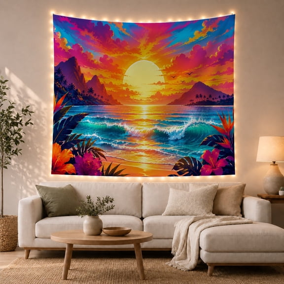 Tropical Sunset Over Ocean with Palms and Hibiscus, Serene Digital Art for Beach Lovers, Island Home Decor, Housewarming Gift, Tapestry Wall Hanging for Bedroom and Studio