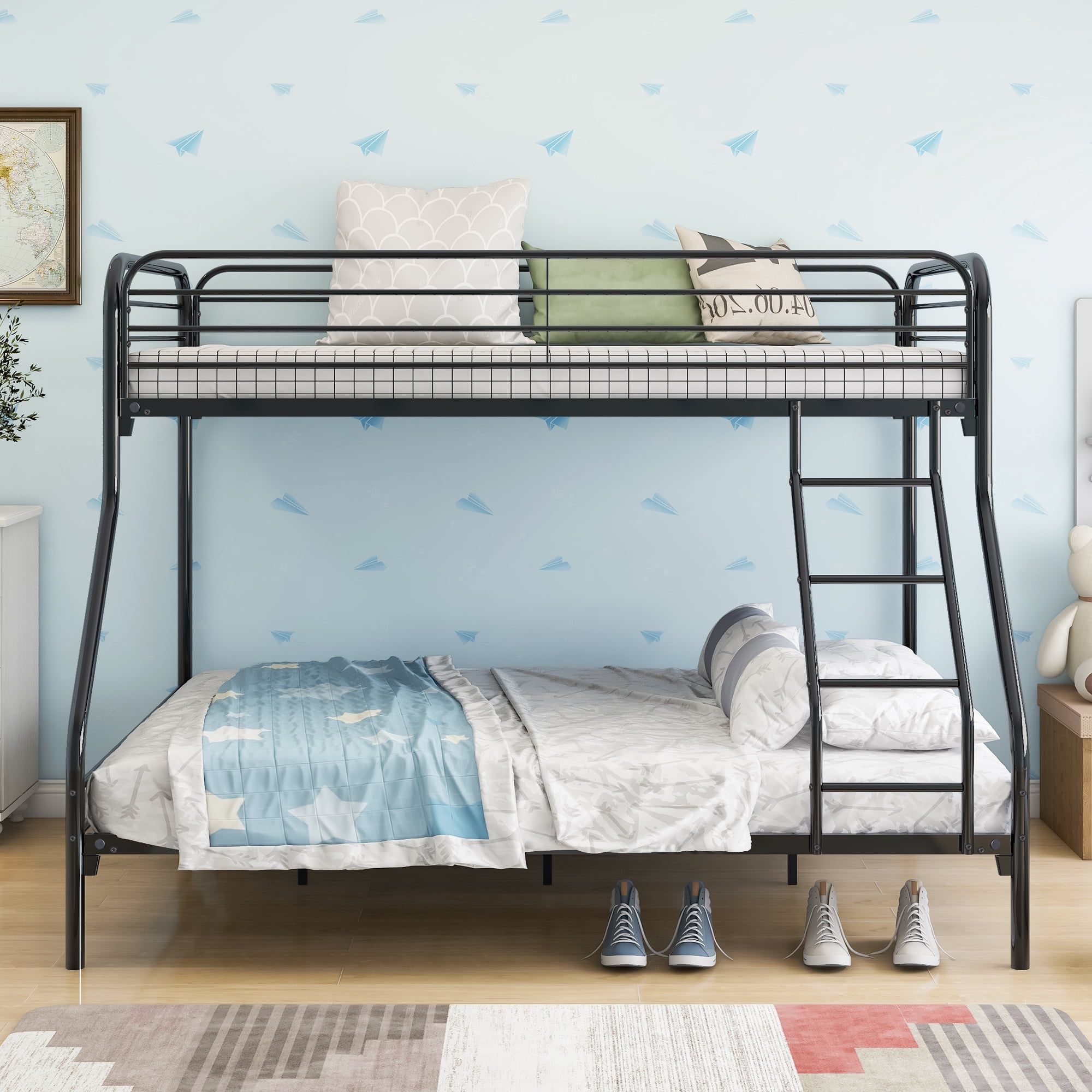 Heavy Duty Twin-Over-Full Metal Bunk Bed, Reinforced Steel Frame with Enhanced Upper-Level Guardrail & Inclined Ladder, Under Bed Storage, Easy Assembly with All Tools, Black