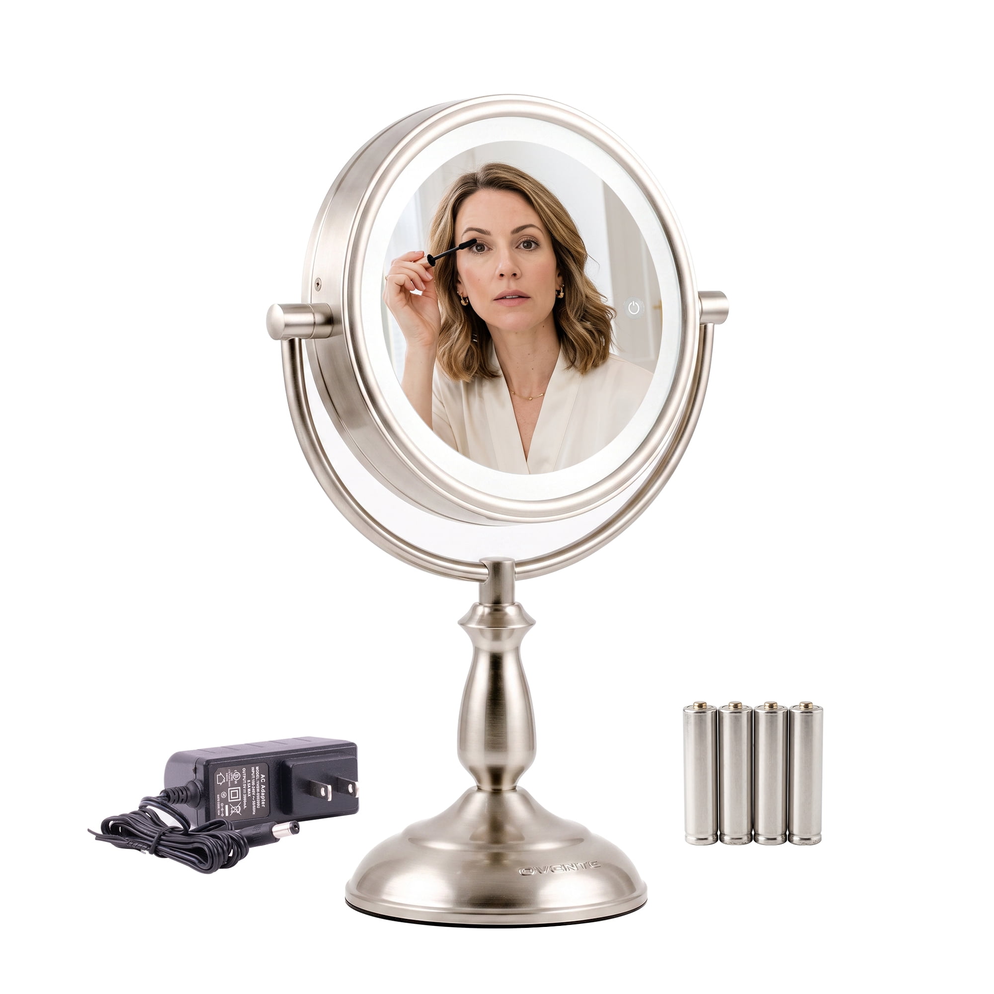 OVENTE 7.5" Lighted Tabletop Vanity Makeup Mirror, 1X & 10X Magnifier, Spinning Double Sided Round LED, 3 Tone Smart Touch, Auto Shut off Timer, Battery & AC Plug Powered, Nickel Brushed MPT75BR1X10X