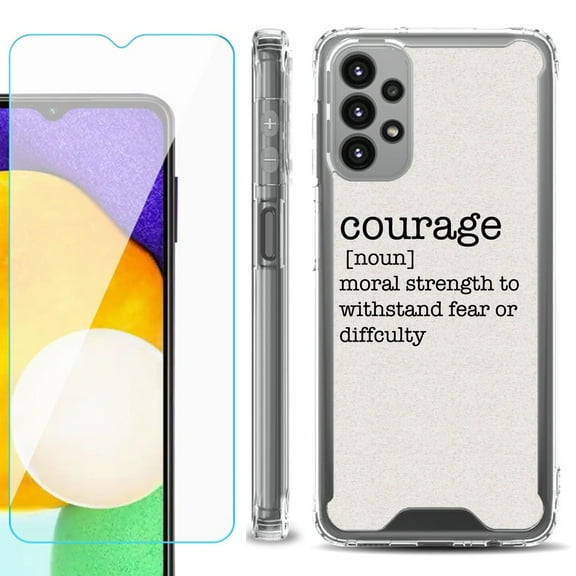 Shockproof Bumper Phone Case for Samsung Galaxy A23 5G, with Tempered Glass Screen Protector, by OneToughShield ® - Dictionary/Courage
