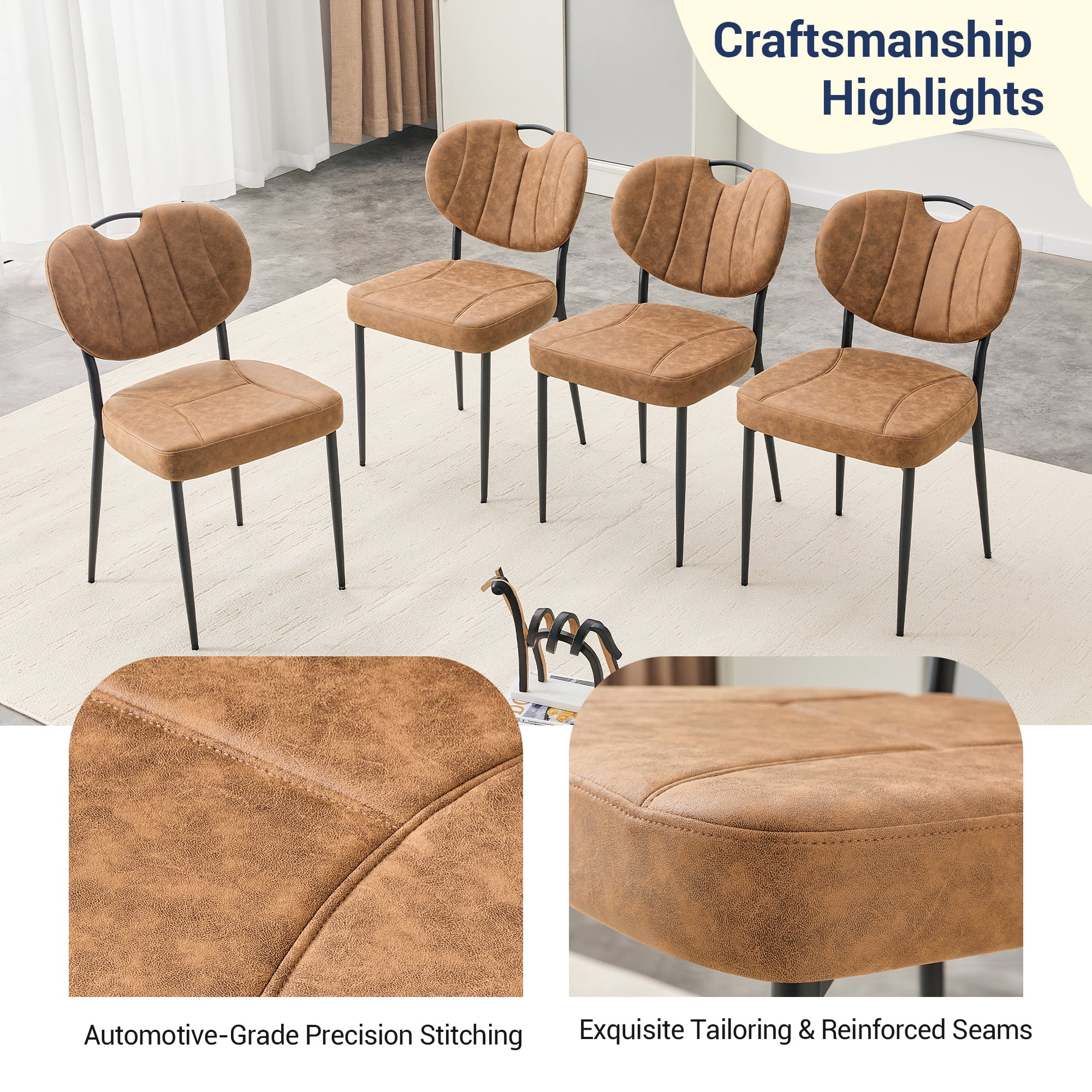 Leumius Dining Chairs Set of 2, Premium Leather Upholstered Dining Room Chairs, High-Resilience Sponge Padding, Metal Legs with Spray Coating Finish for Dining Room Living Room Brown