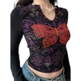 thumbnail image 5 of Women's Notched V Neck Tops Vintage Butterfly Print Long Sleeve Slim Fit T-Shirt Casual Blouse, 5 of 10