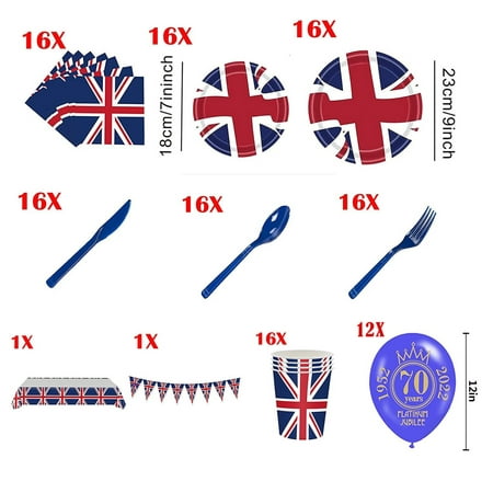 

Paiwinds Party Decorations 126 Pcs Tableware Set - Tablecloth/Napkins/Cups/Paper Plates/Dinnerware Set/Bunting Flags Queens Platinum_Jubilee 2022 Decorations Party Supplies for 16 Guests