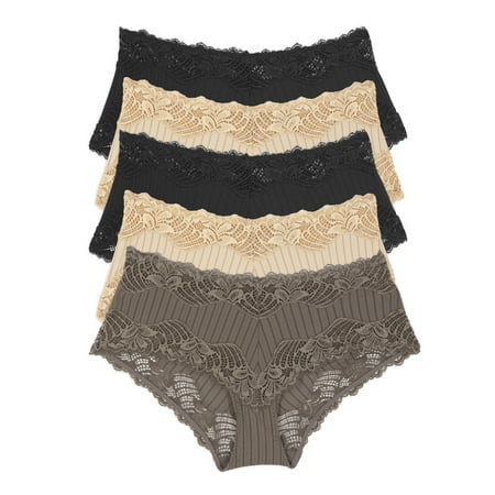 Stripe Delight Hipster Panty 5-Pack | Paramour By Felina | Lace Mid-Rise (Chic Neutrals  Small)