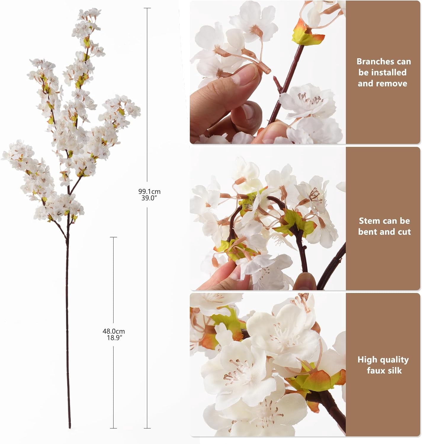 Artificial Cherry Blossom Branches, Faux Fake Plum Flowers Real Touch Boutique Bulk for Home Wedding Office Decoration, 35”Long Stems for Tall Vase (3PCS, White)