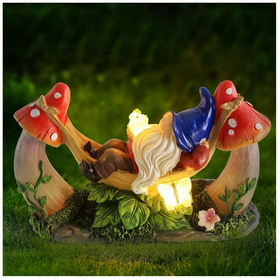 Solar Outdoor Lights Gnome Statue with Mushroom Hammock Solar Powered Resin Figurine for Patio Porch Garden Decoration - Light up Gnome Sculptures Outdoor & Indoor Decor Gardening Art