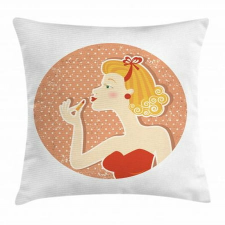Vintage Woman Throw Pillow Cushion Cover, Pin Up Style Female Image Wearing Lipstick on Weathered Polka Dot Backdrop, Decorative Square Accent Pillow Case, 18 X 18 Inches, Multicolor, by