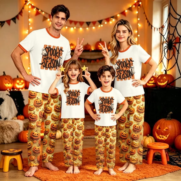 Halloween Family Matching Pajamas Set, Vibrant Polyester Print Short Sleeve Pullover Onesie Loungewear, Fun Sleepwear for Family Matching Halloween Party, Holiday Pajama Set
