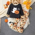 thumbnail image 2 of FYDUU Little Girls Outfits 2 Piece Set Long Sleeve Striped Pumpkin Print Sweater Flare Pants Toddler Kids Casual Fall Winter Clothes Vintage Halloween 5-6 Years, 2 of 8