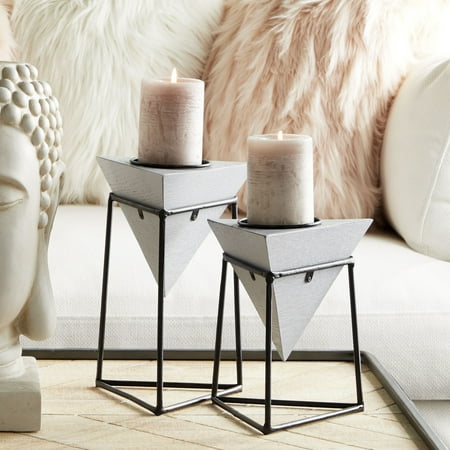 Gray Candle Holders CosmoLiving Modern Geometric Gray Wood & Metal Candle Holders in Iron Platform Frames | Set of 2: 5” x 8”, 5” x 10” ()