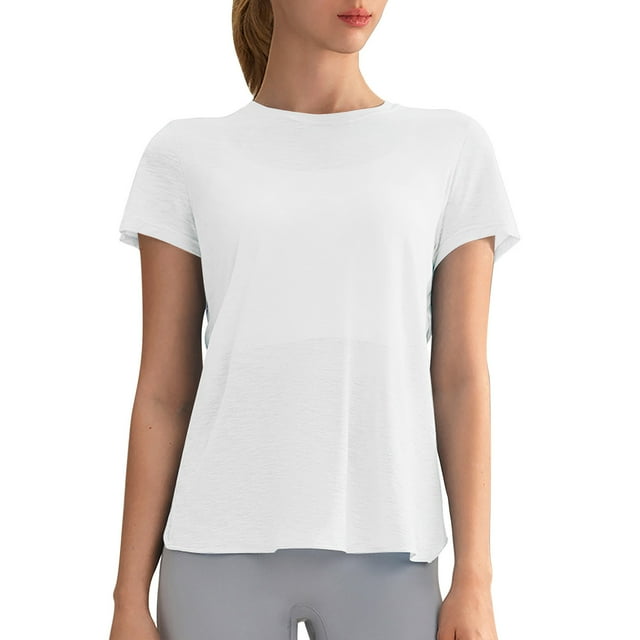 Camiseta holgada con corte en la espalda para mujer: cuello redondo, manga corta, poliéster, para yoga/deporte (tallas S-XL)