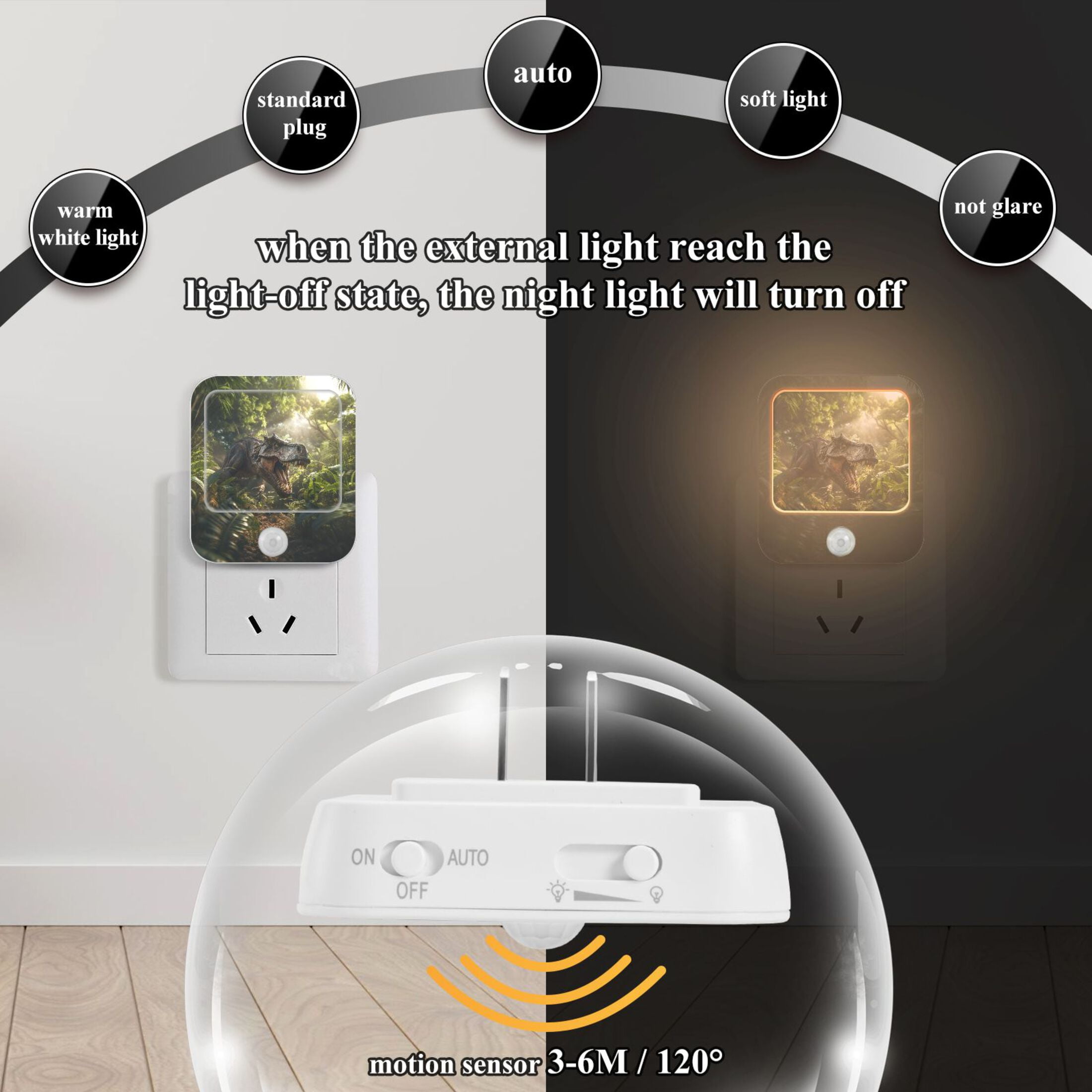 Dinosaur Leaves Trees Sunlight Night Lights Plug into Wall LED with Auto Light Sensor Warm Light for Kids Hallway Bedroom Living Room Kitchen Bathroom Set of 2