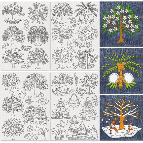 68Pcs Seasons Trees Water Soluble Hand Sewing Stabilizers 8.3"x11.7" Blossom Fruits Embroidery Pattern Stabilizer 4 Sheets Winter Pine Trees Stick and Stitch Embroidery Paper Sticker colorful