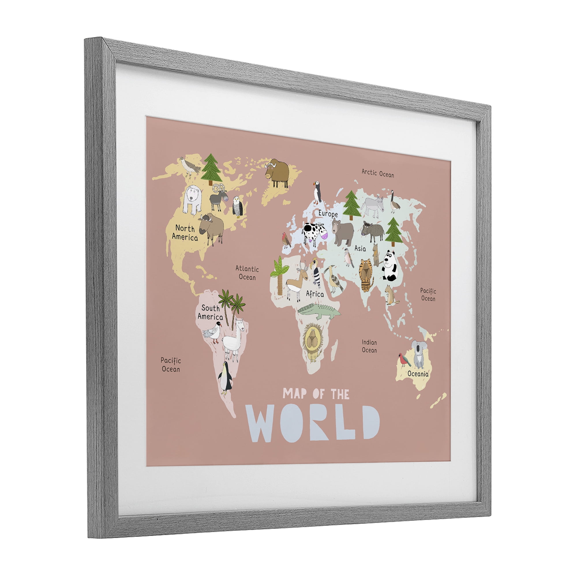 Kid's Map Of World Pink Gray Framed Print Under Glass, design by Carla Daly