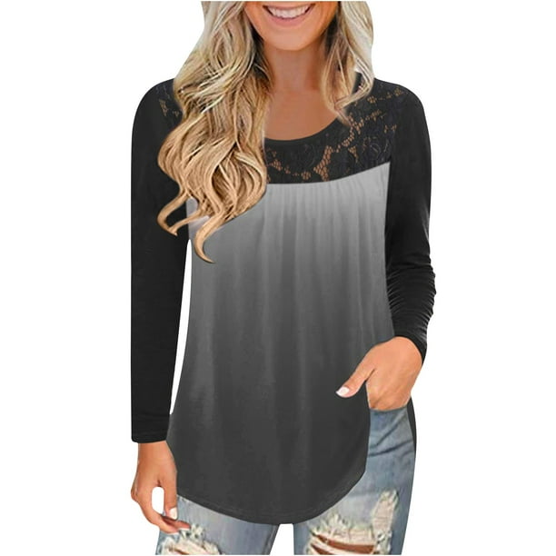 Camiseta de manga larga con estampado de encaje y cuello redondo para mujer Pompotops gfhjh9016