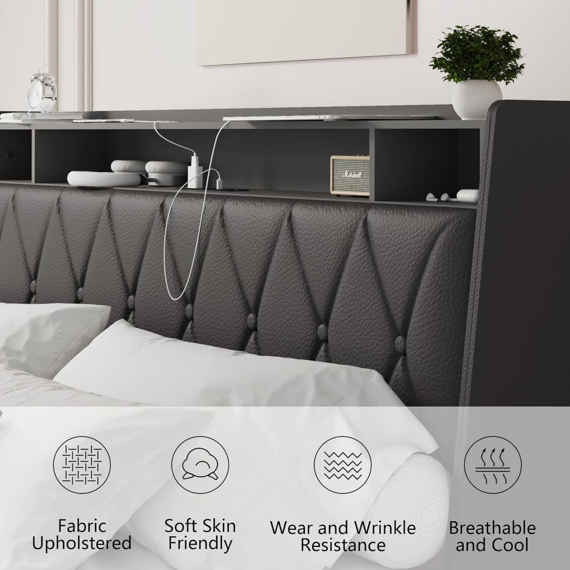 AENKYO Queen Size Bed Frame with LED Lights, Upholstered Storage Headboard & 4 Drawers, and Built-in Charging Station, Black