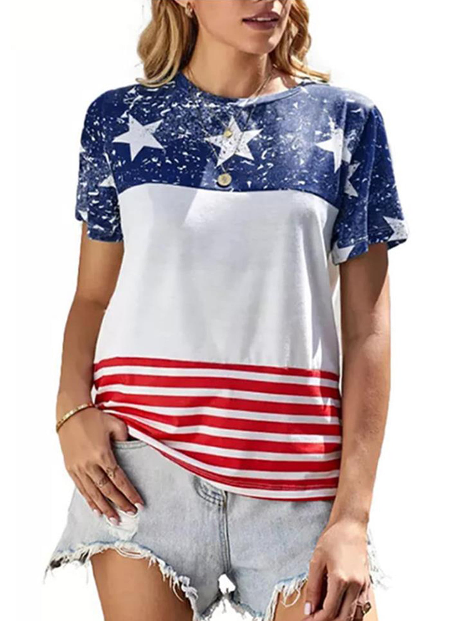 Womens 4Th of July Cold Shoulder Tops Stars Striped Flag Front Cross ...