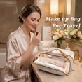 thumbnail image 2 of Makeup Bag for Women Cosmetic Bags Large Capacity Travel Toiletry Bag Make up Organizer Open Flat Portable Pouch with Handle, Khaki, 2 of 5