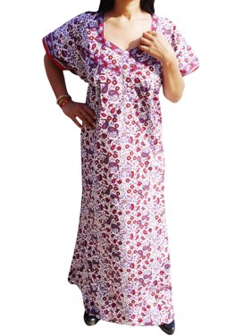 Mogul Womens Cotton Purple White Caftan Dress Nightwear Summer Comfy Printed Short Sleeves Sleepwear Maxi Kaftan