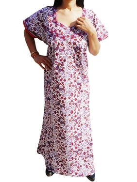 Mogul Womens Cotton Purple White Caftan Dress Nightwear Summer Comfy Printed Short Sleeves Sleepwear Maxi Kaftan