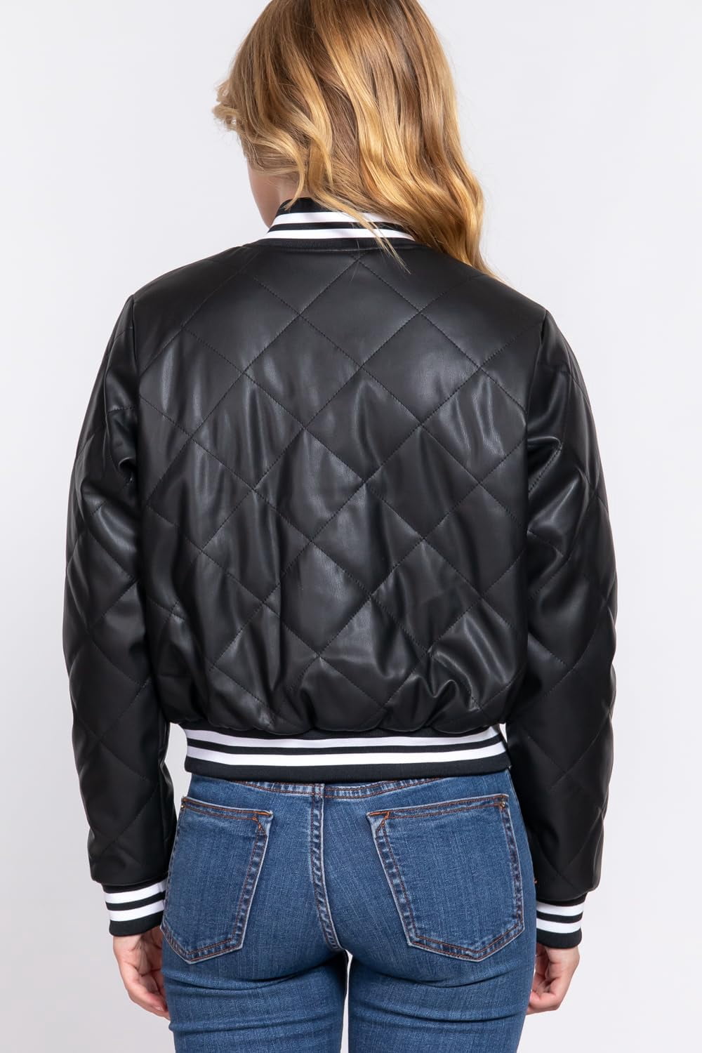 J. METHOD Women's Bomber Jacket PU Faux Leather Quilted Long Sleeve Button Down Casual Coat Outerwear