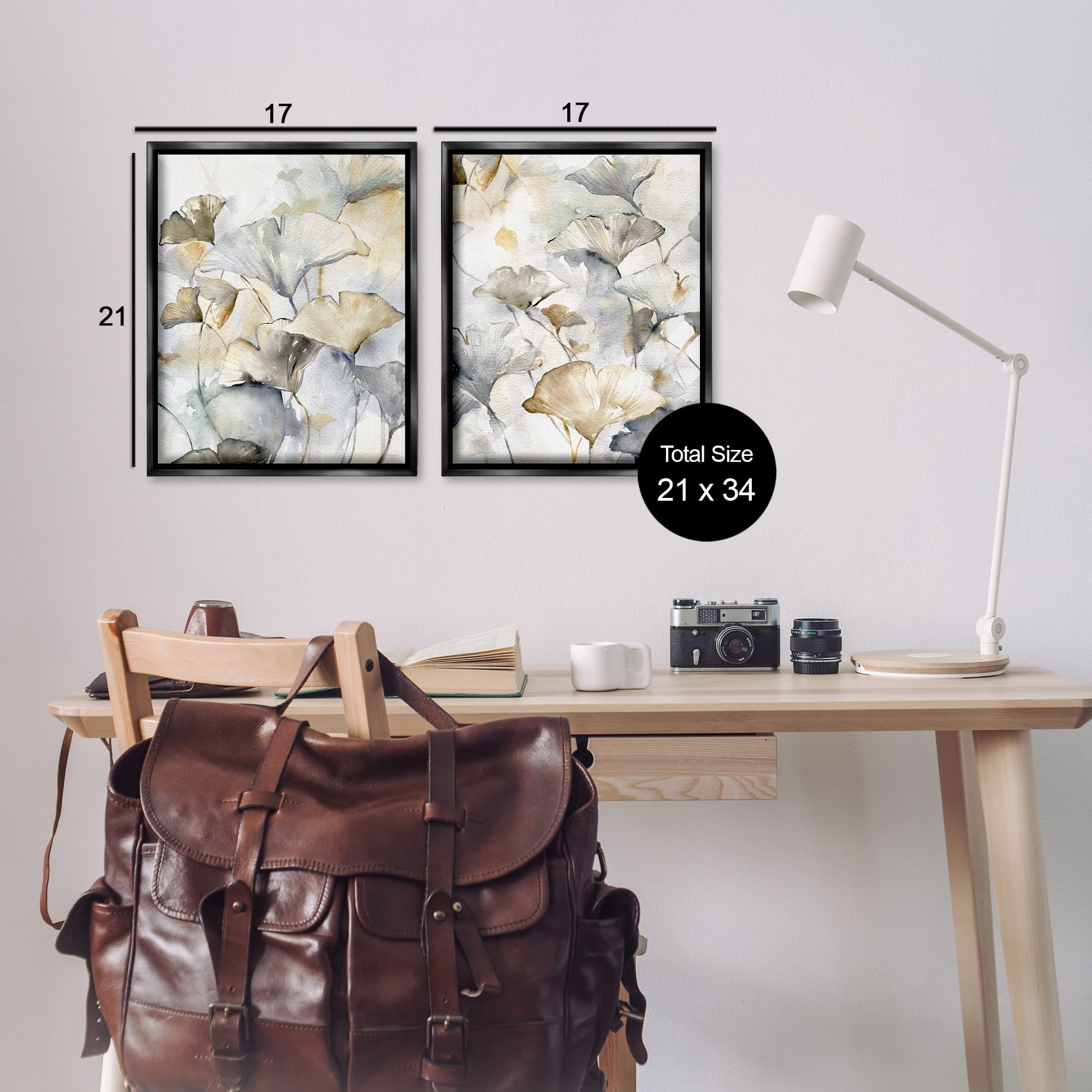 Stupell Industries Gingko Leaves in Layers Plants & Flowers Painting Black Floater Framed Canvas Art Print Wall Art, 17 x 21, Set of 2