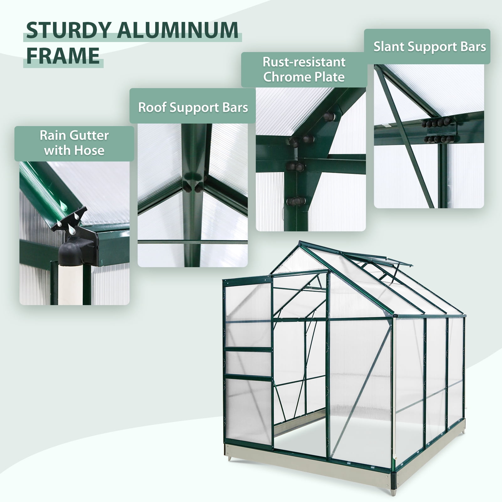 EAGLE PEAK 6x6x7 Outdoor Walk-in Hobby Greenhouse, Polycarbonate Aluminum Greenhouse with Adjustable Roof Vent and Rain Gutter, Base and Anchor, Dark Green