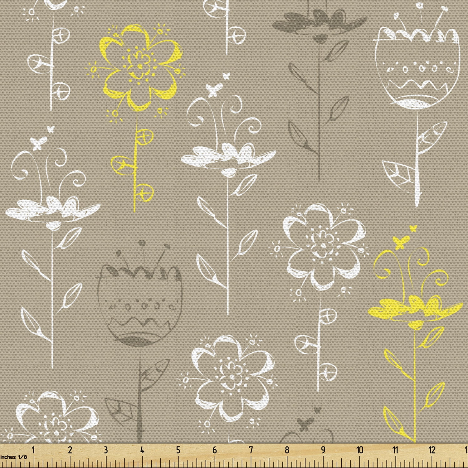 Grey and Yellow Fabric by the Yard, Hand Drawn Sketchy Tulips Flowers