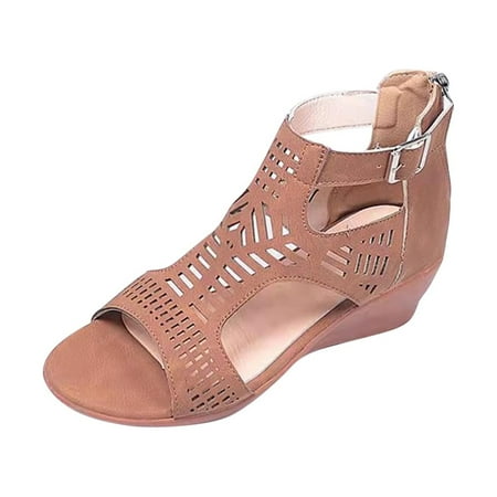 

Dpityserensio Women s Cut-out Casual Sandals Wedge Heel Shoes Buckle Comfortable Sandals Brown 6(37)