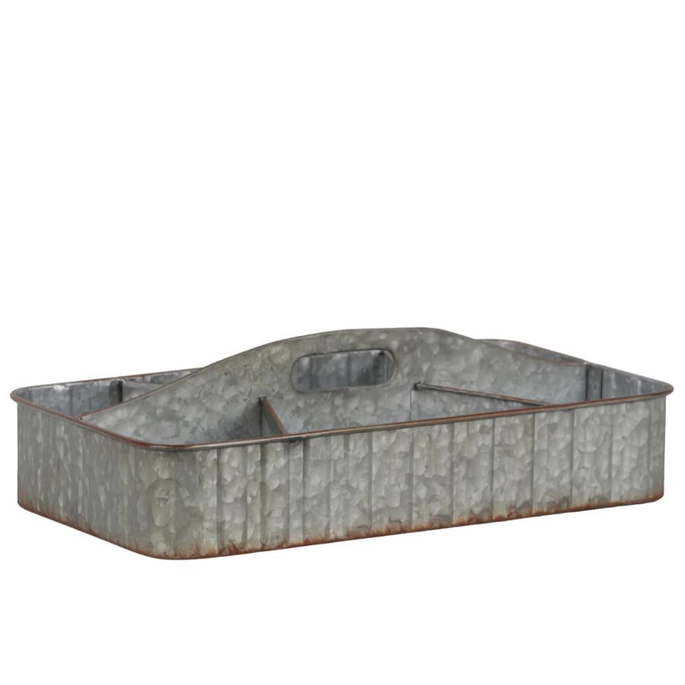 Metal Rectangular Tray with 6 Slots and Cutout Handle, Galvanized Gray