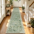 thumbnail image 3 of MJIAexp 2'x12' Boho Runner Rug,Non Slip Washable Floral Hallway Runner Rug with Rubber Backing, Low Pile Faux Wool Distressed Carpet for Kitchen, Laundry, Bedroom, Entrance,Green, 3 of 8
