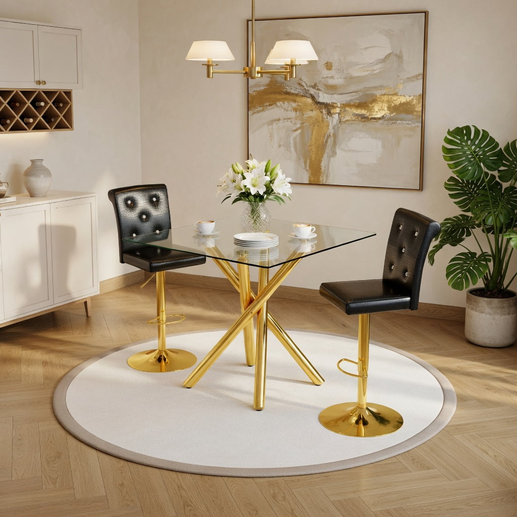 Hommoo Modern 3-Piece Glass Bar Table Set with Adjustable Swivel Bar Stools, Chrome X-Base & PU Leather, Counter Height for Kitchen Island, Home Bar & Small Spaces, Black & Gold