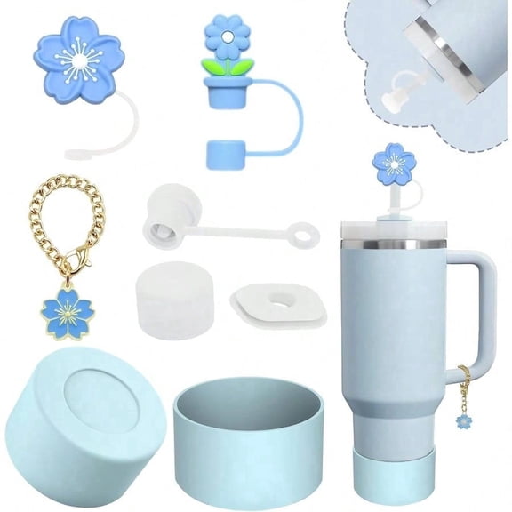 Accessories Set, Including 2 Pcs 0.4in Straw Cover, 1 Silicone Spill - Proof Stopper Set Of 3, 1 Cute Flower Handle Charm, 1 Silicone Boot Fits 4030 Oz Tumbler