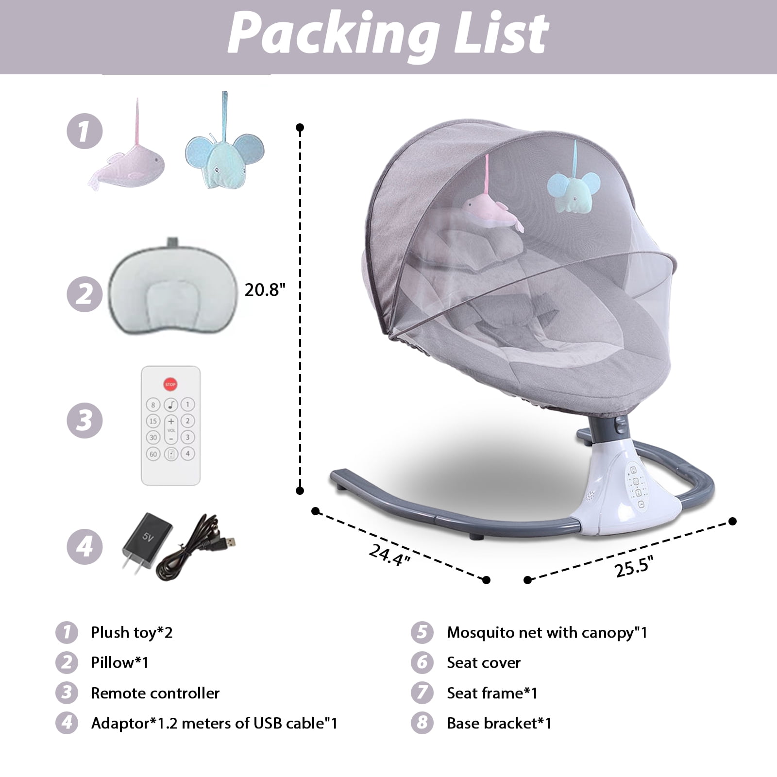 Electric Baby Swing for Infants - Bluetooth Music Speaker with 12 Lullabies and 4 Speeds, Remote Control, Gray