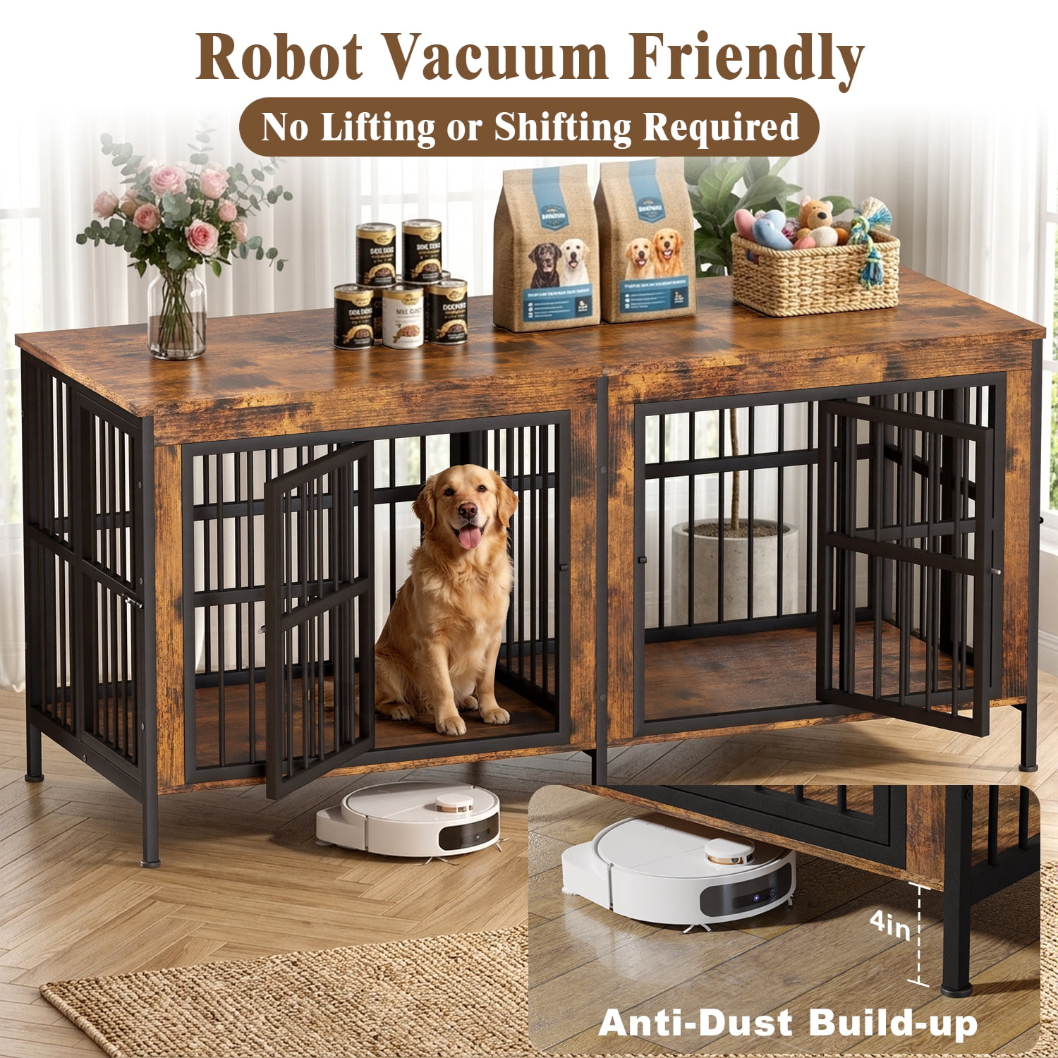 YOKWOK 78 Inch Dog Crate Furniture for Large Dogs with Sturdy Removable Divider, Extra Large Double Doors Dog Kennel Furniture,Thick Wooden Dog cage Furniture, Brown