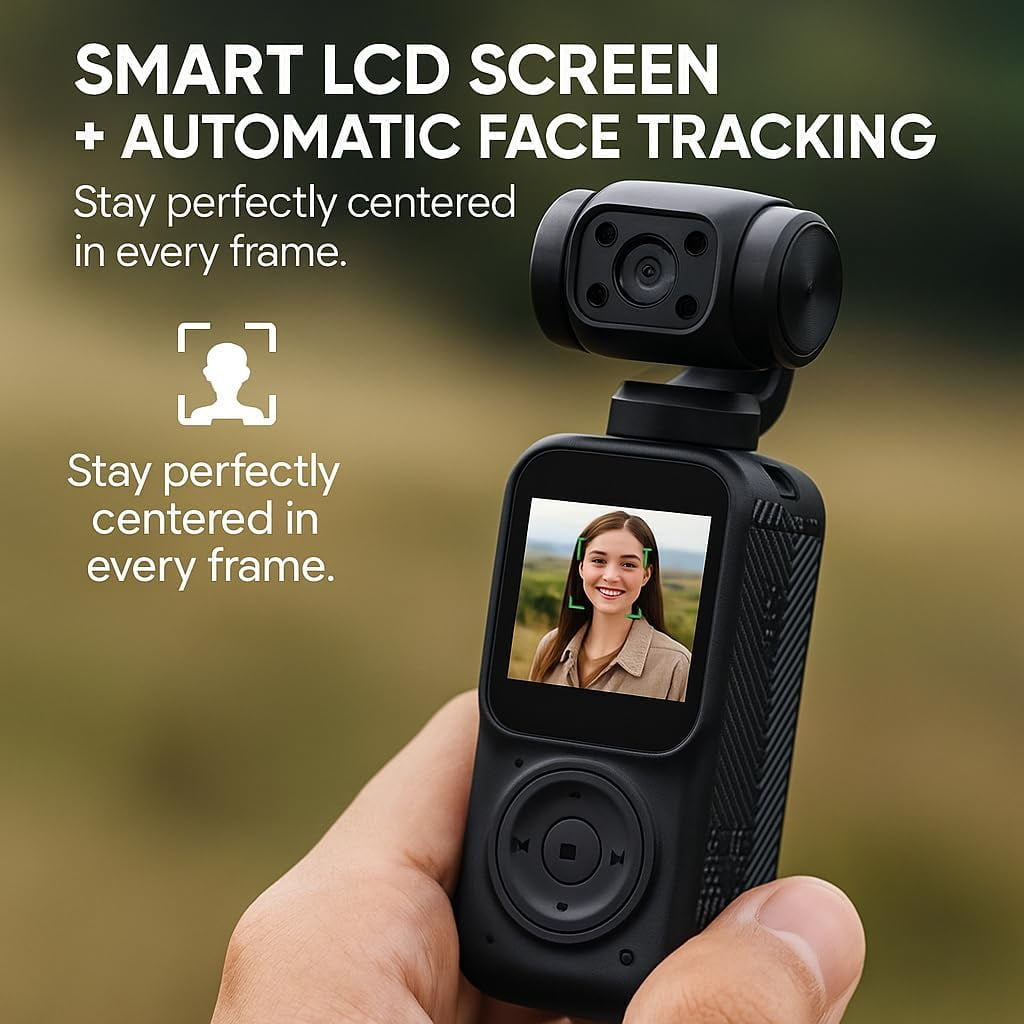 KLIOMAX 2K Pocket Camera with 3-Axis Gimbal Stabilizer, Digital Video Camera for Photography, Action & Vlogging Camera with LCD Screen, Face Tracking, Motion Stabilization, Body Cam POV Camera