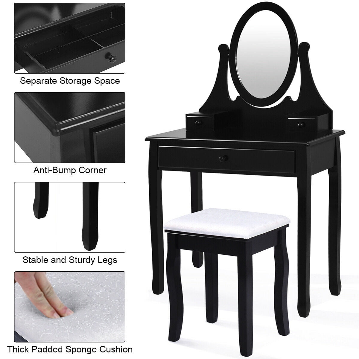 Gymax Fashion Bedroom Wooden Mirrored Makeup Vanity Set Stool Table Set Black