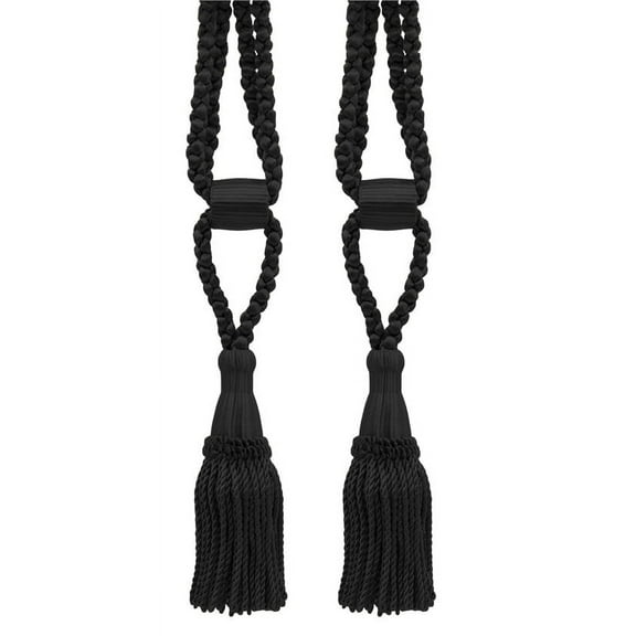 DECOPRO Beautiful Curtain & Drapery Tassel Tieback, Adjustable Cord Length with Elegant Bullion Design, Tassel Length 5 1/2" (14cm), Spread 24" (61cm) #TBC055SPR24, Pure Black #K9 (Jet Black) Set of 2